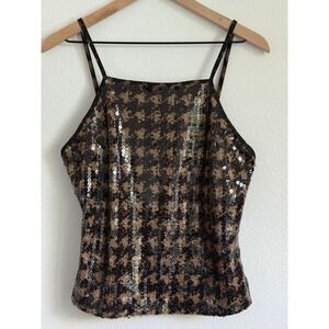 Coquette Aesthetic Sparkly Gold Houndstooth Sequin Camisole Party Tank Top L